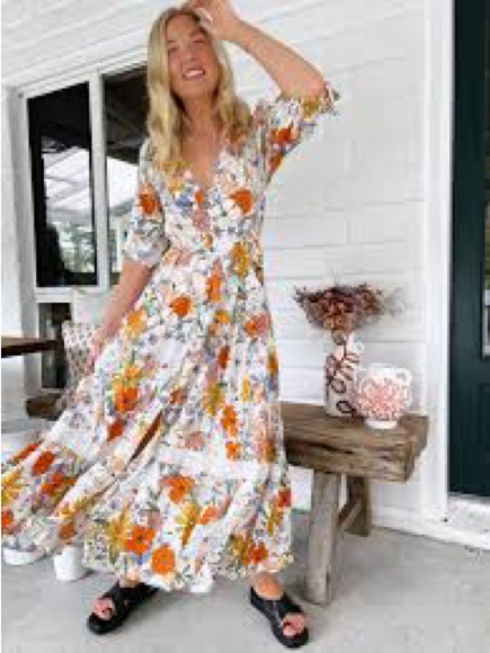 Jaase Rayon White Floral V-Neck Tiered Maxi Dress Women's Size Large